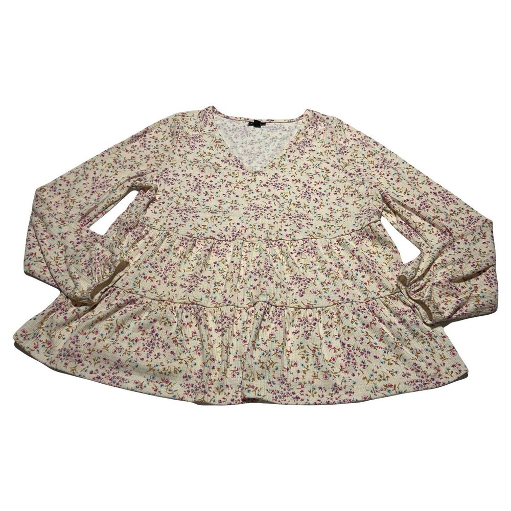 Torrid 0 Women’s Size L 12 Ditsy Floral Tiered Long Sleeve Top Crinkle Textured